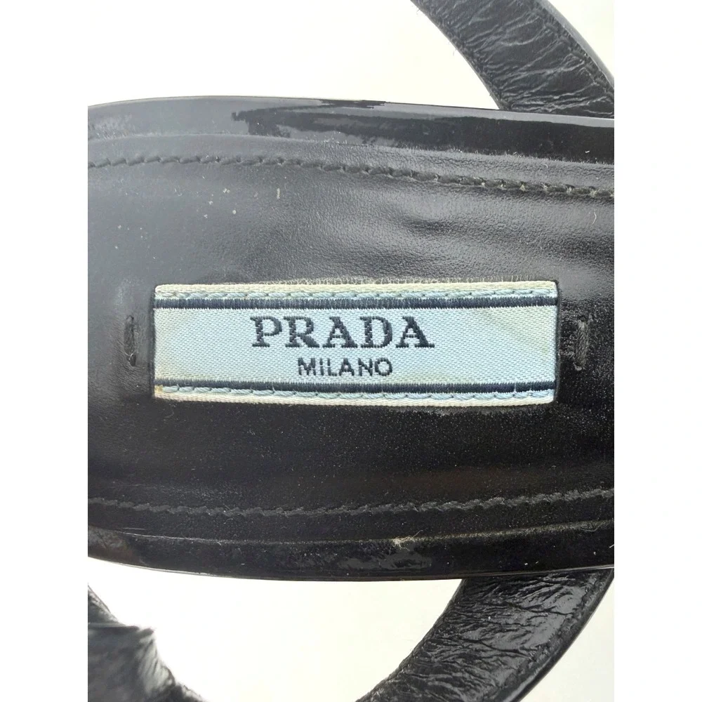 Prada Black Patent Leather Platform Wedge Sandals‎ Size 41 Ankle Strap Heels